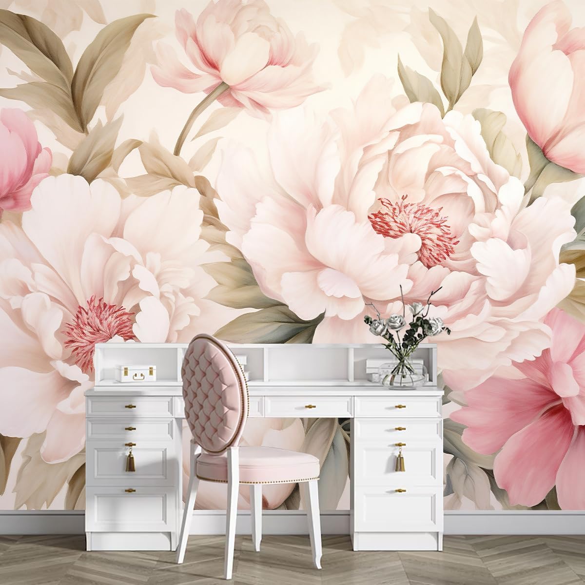 Beauty Flower Makeup - Elegante Mural Floral de Peonías, Papel